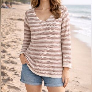 DANA BUCHMAN Open Crochet Knit Sweater Cotton Blend V Neck White Tan Women’s L